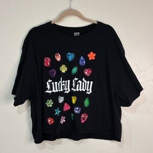 Black Crop Top with Colorful Gem Print